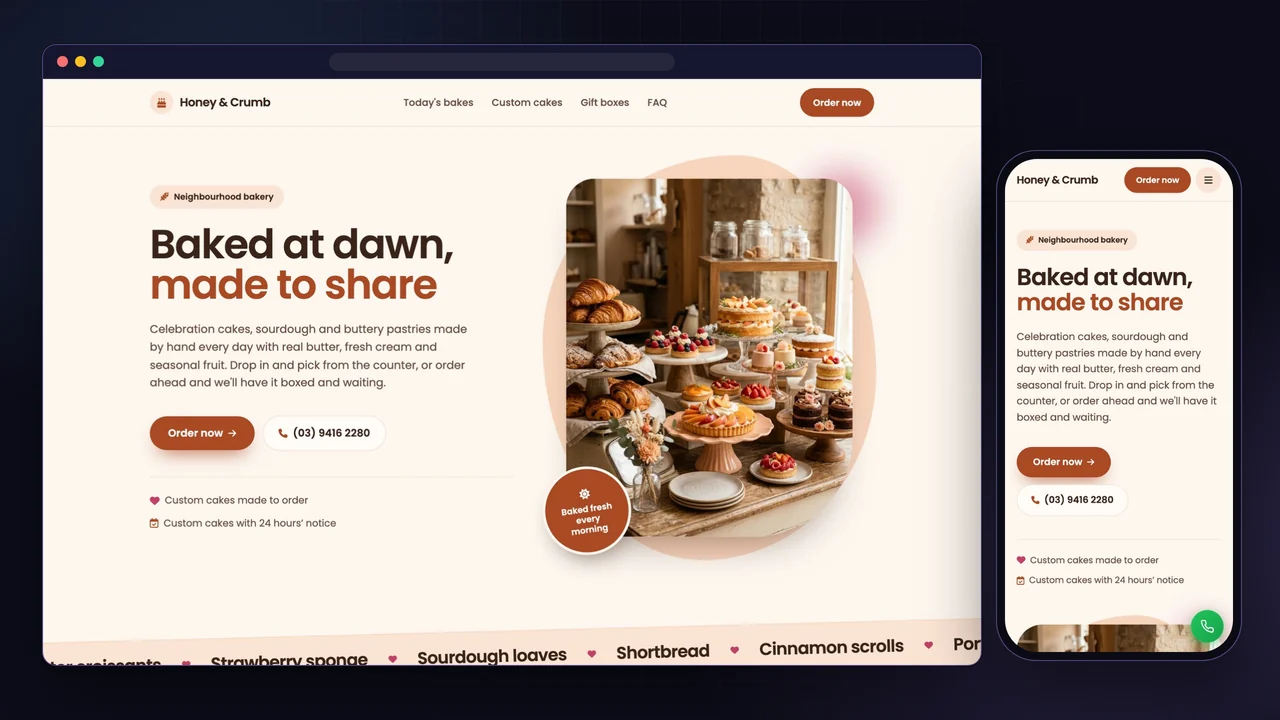 A bakery landing page built from a Trano template, shown on desktop and phone
