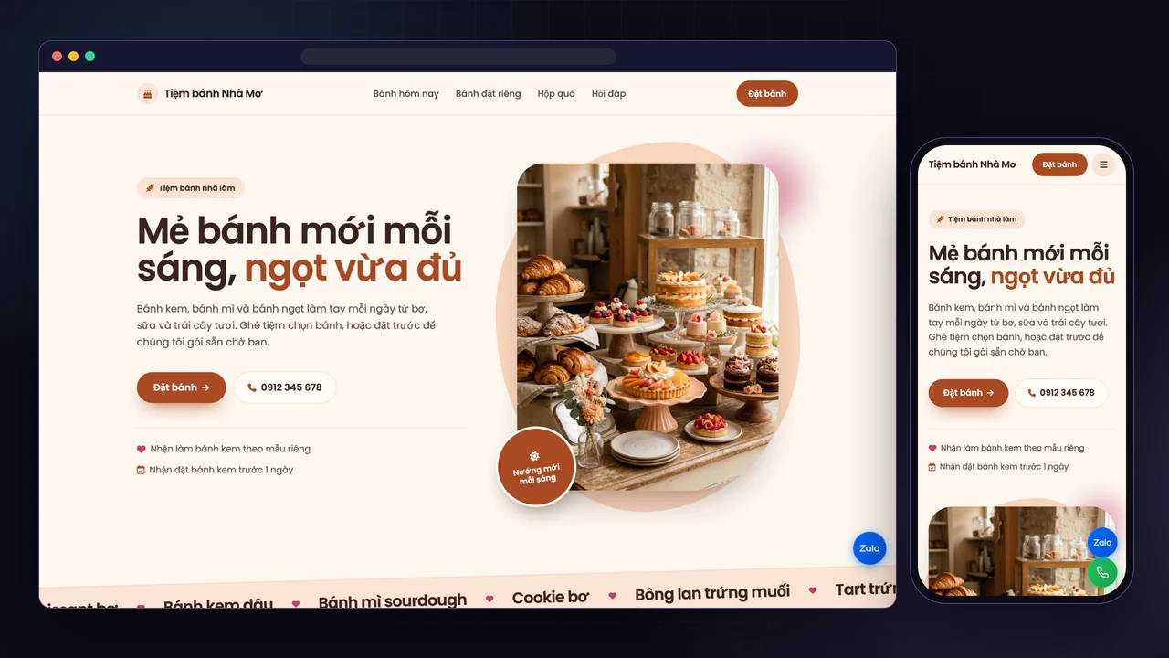 Landing page tiệm bánh dựng từ mẫu của Trano, xem trên máy tính và điện thoại