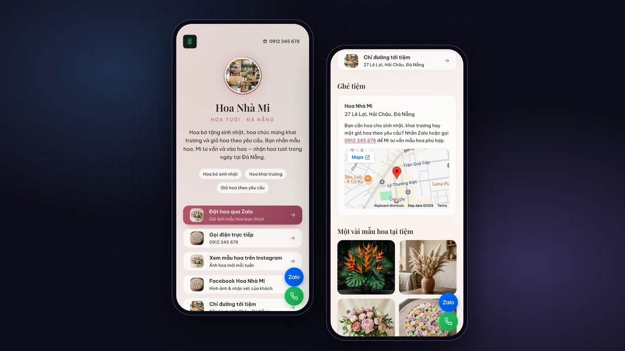 A flower shop link-in-bio page made with Trano AI, shown on a phone