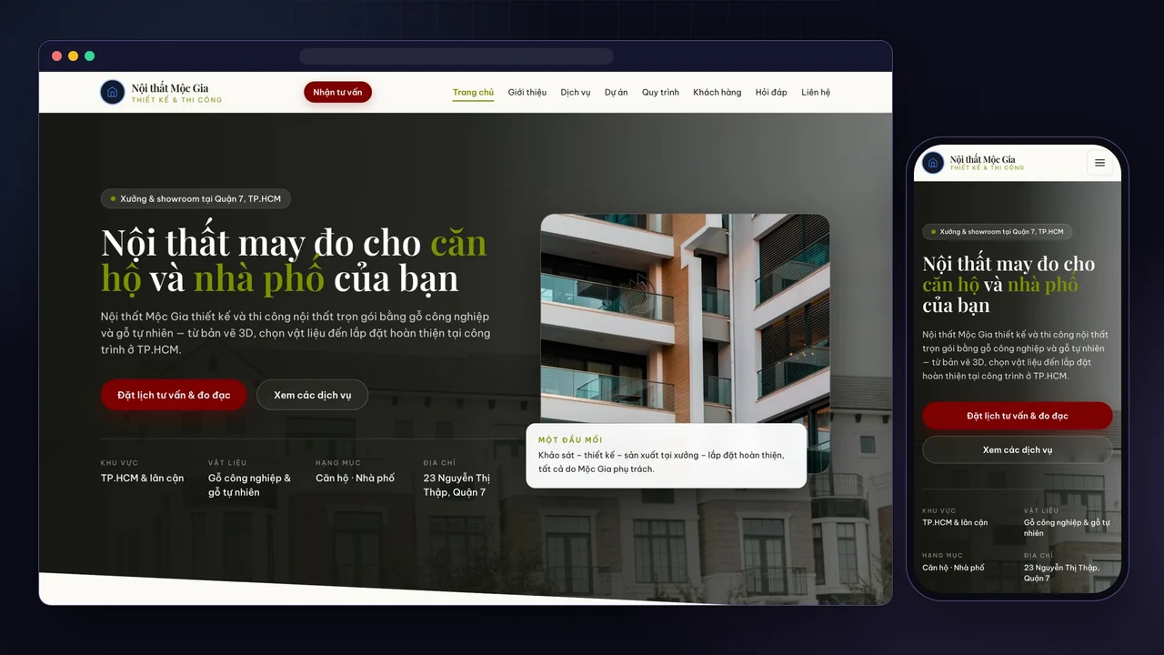 An interior design company mini site made with Trano AI, shown on desktop and phone