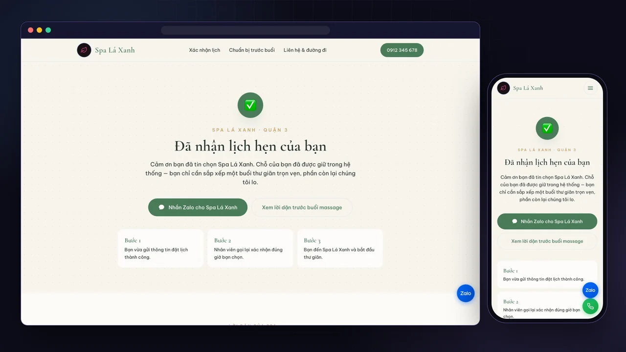 A spa booking thank-you page made with Trano AI, shown on desktop and phone